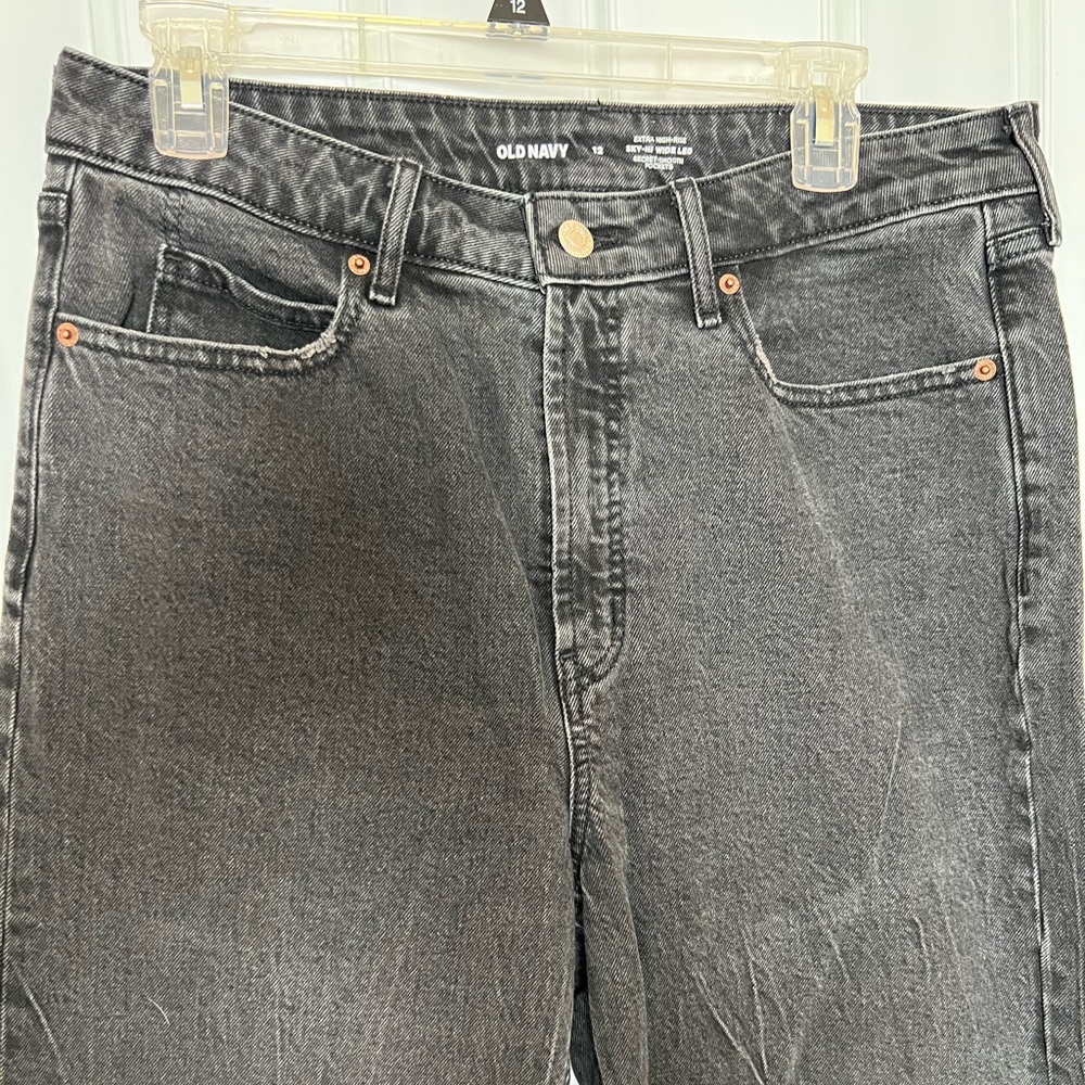 Old Navy Wide Leg Sky Hi Extra High Rise Black Jeans Raw Hem 12